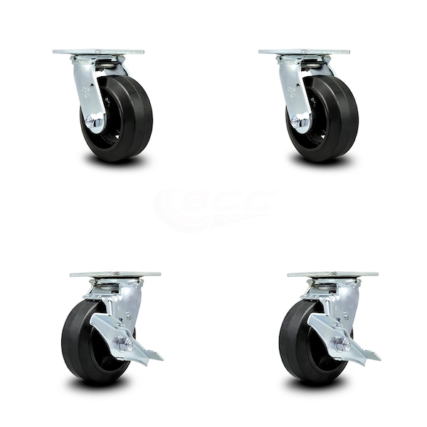 5 Inch Rubber on Steel Swivel Caster Set with Roller Bearing 2 Brake SCC